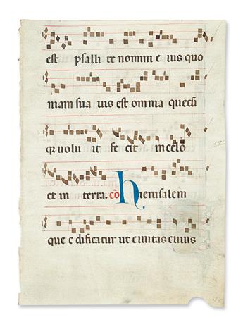 MANUSCRIPT LEAF.  Vellum leaf from a Latin choirbook with spurious illuminated initial D.  15th ct. [illumination painted later]